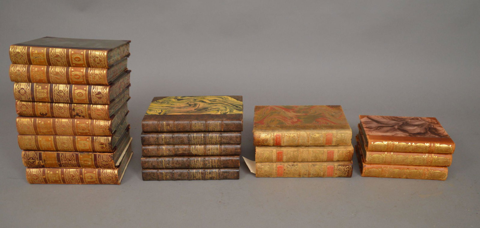 19 Books, 19th & early 20th c: Set of 8 Leather with: 19 Books, 19th & early 20th c: Set of 8 Leather with gilded spine, Danish OPFINDELSERNES BOG, Set of 5 KUNSKAP brown raised rib spines, gold stamped marbleized covers, 3 volumes DAGLIGT LIV I Norden m