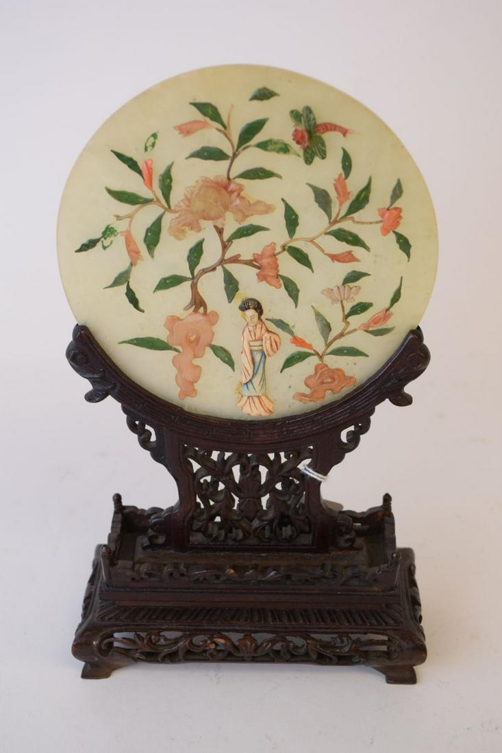 CHINESE JADE CIRCULAR PLAQUE with hardstone decoration.: CHINESE JADE CIRCULAR PLAQUE with hardstone decoration. Height 10 3/8"