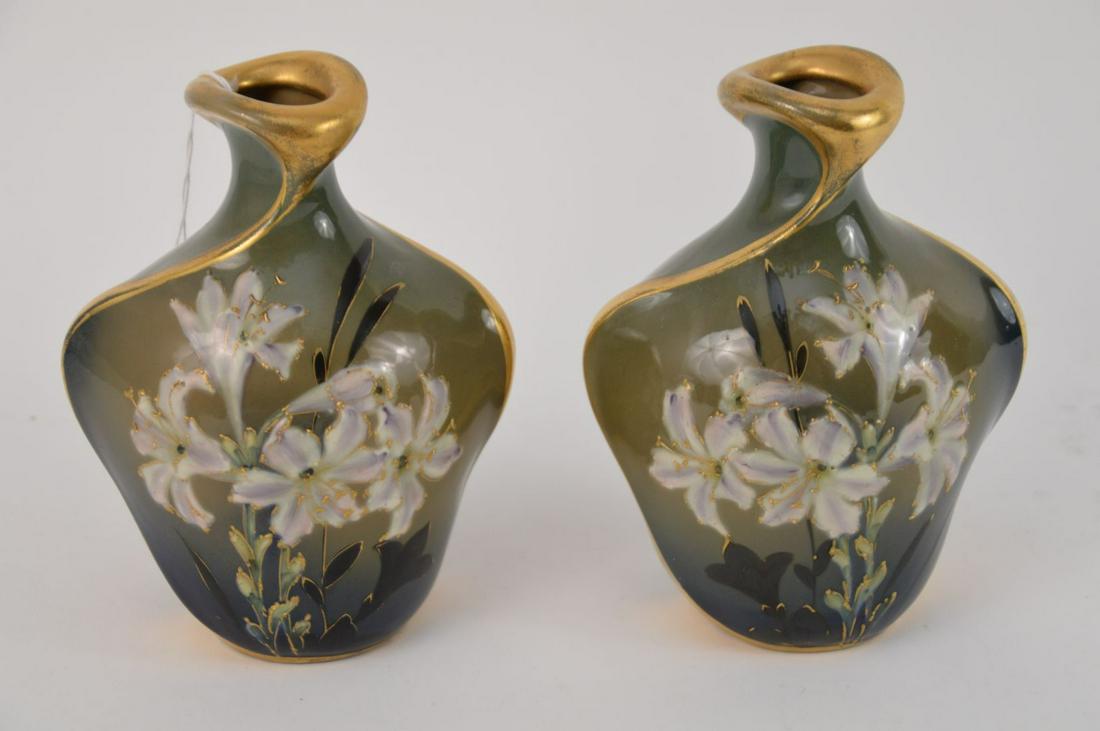 PAIR AMPHORA PORCELAIN ART NOUVEAU FORM VASES.: PAIR AMPHORA PORCELAIN ART NOUVEAU FORM VASES. Condition: no damage identified. Ht. 9"