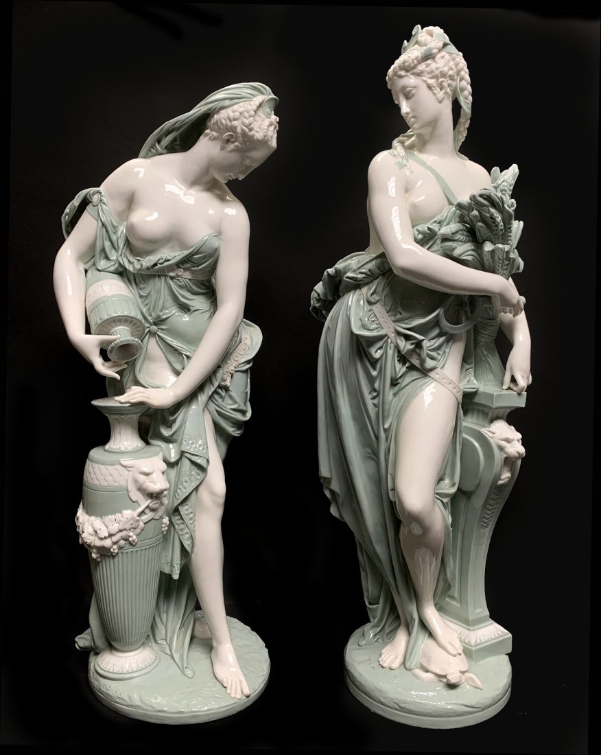 Pair of Monumental Minton Porcelain Maidens: Pair of Monumental Minton Porcelain Neo-classical Maidens; marked 9" x 28.5" Condition: The pieces have what appears to be small old professional repairs to the garments and very small chip to the bac