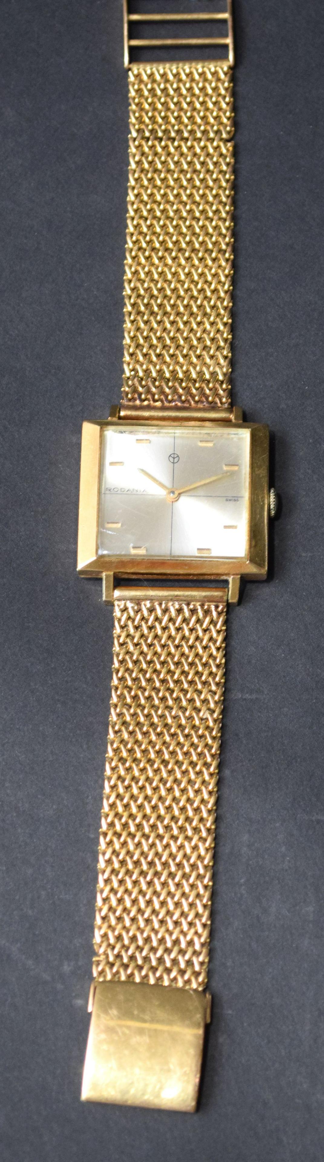 18k Gold Watch Rodana Men's Watch. Weight 50.9 grams: 18k Gold Watch Rodana Men's Watch. Weight 50.9 grams length 7" face 29x30mm including lugs. Band 3/4" wide. Condition good normal wear. Running but has not been tested for accuracy