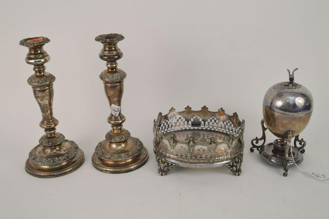 Lot of Vintage Silverplate, Sheffield Plate: Lot of Vintage Silverplate, Sheffield Plate Candlesticks (12"h), Reticulated Oval Stand (4"h x 8"w) and Egg shape Footed Egg Poacher with Bird Finial (9 1/2"h)