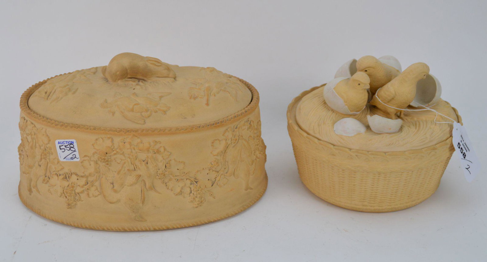 19th c. English Wedgwood, Game Casserole with Rabbit: 19th c. English Wedgwood, Game Casserole with Rabbit Finial (8"h x 11"w) AND Round Chick & Egg Lid on Casserole Dish