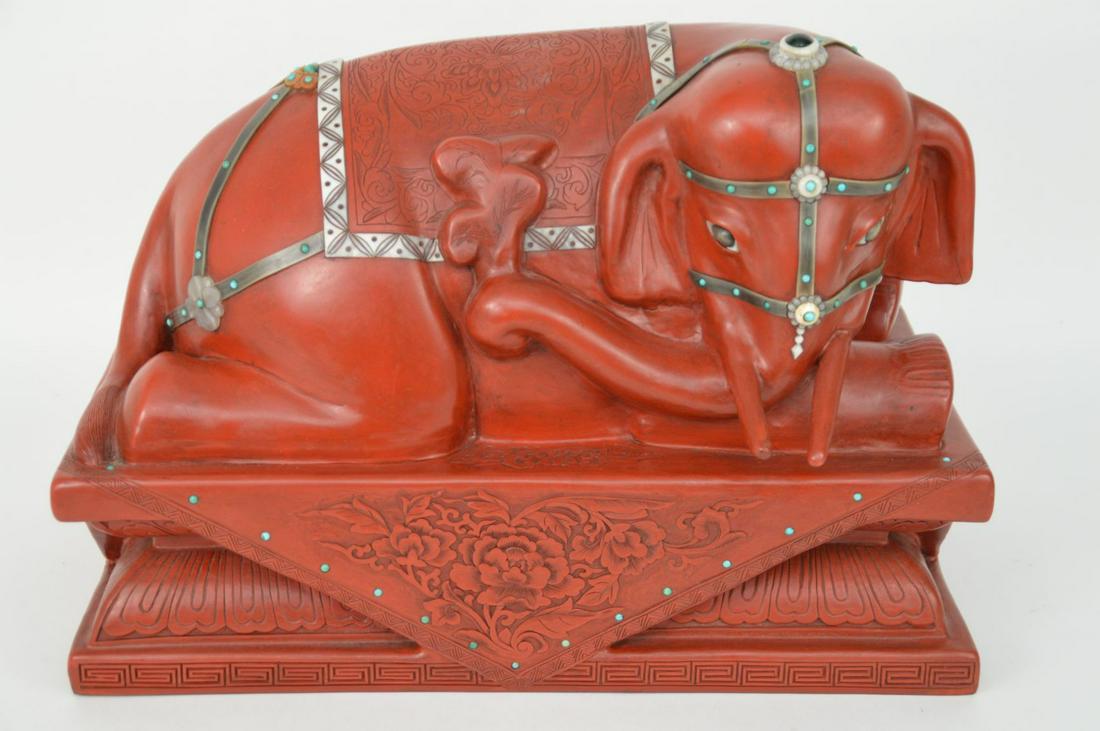 LARGE ANTIQUE CHINESE CINNABAR ELEPHANT with Jade, (1 of 8)