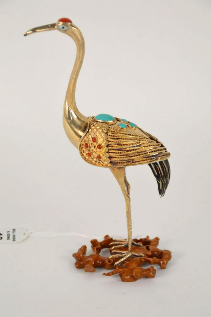 GILDED SILVER & ENAMEL CRANE FIGURE WITH STONE ACCENTS- (1 of 6)