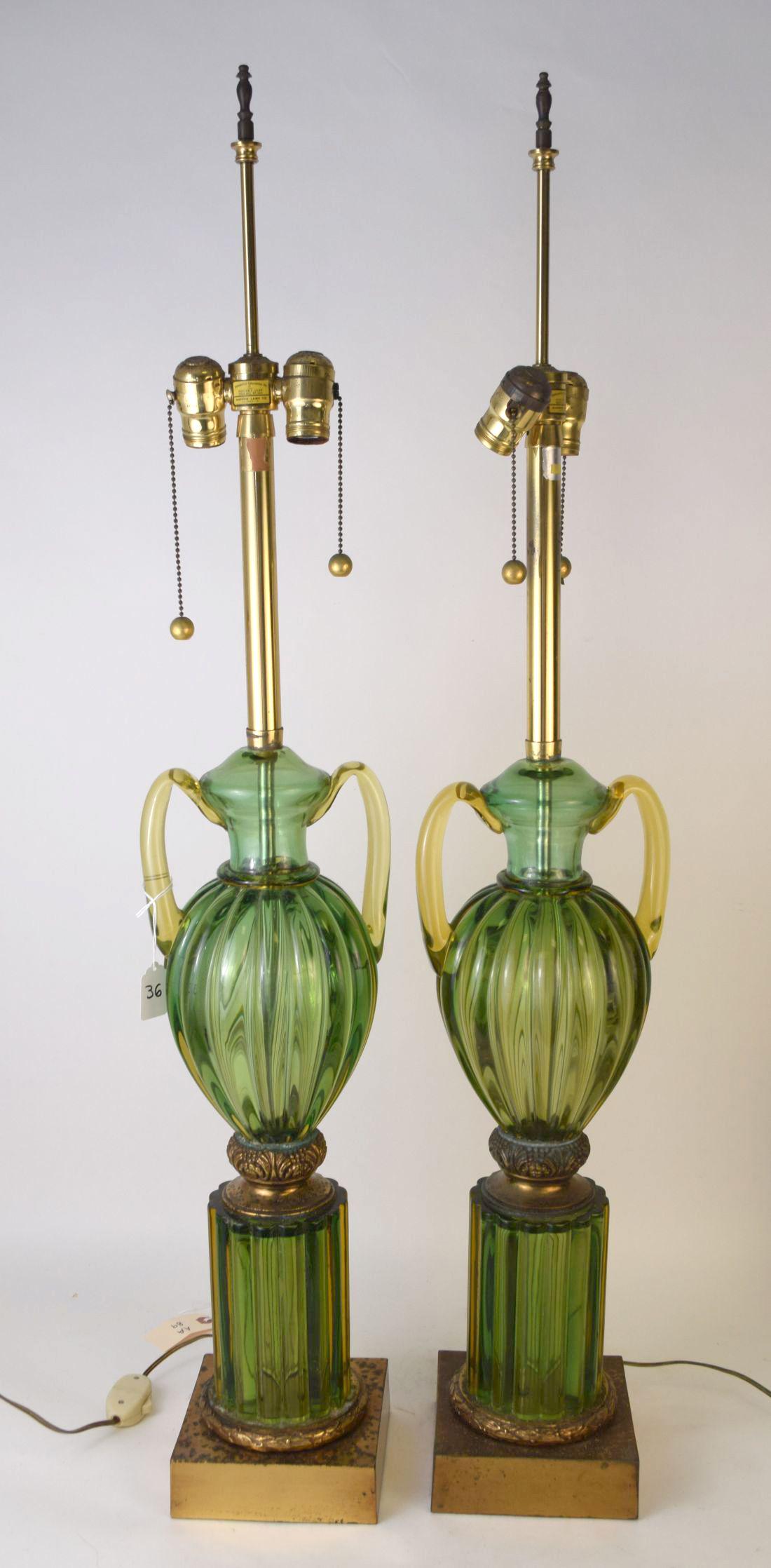 PAIR LARGE MURANO GLASS & GILT METAL LAMPS.  Condition: (1 of 6)