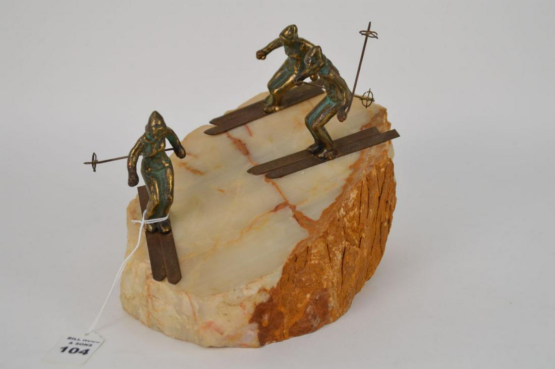 CURTIS JERE SCULPTURE Depicting Skiers on a stone. (1 of 5)