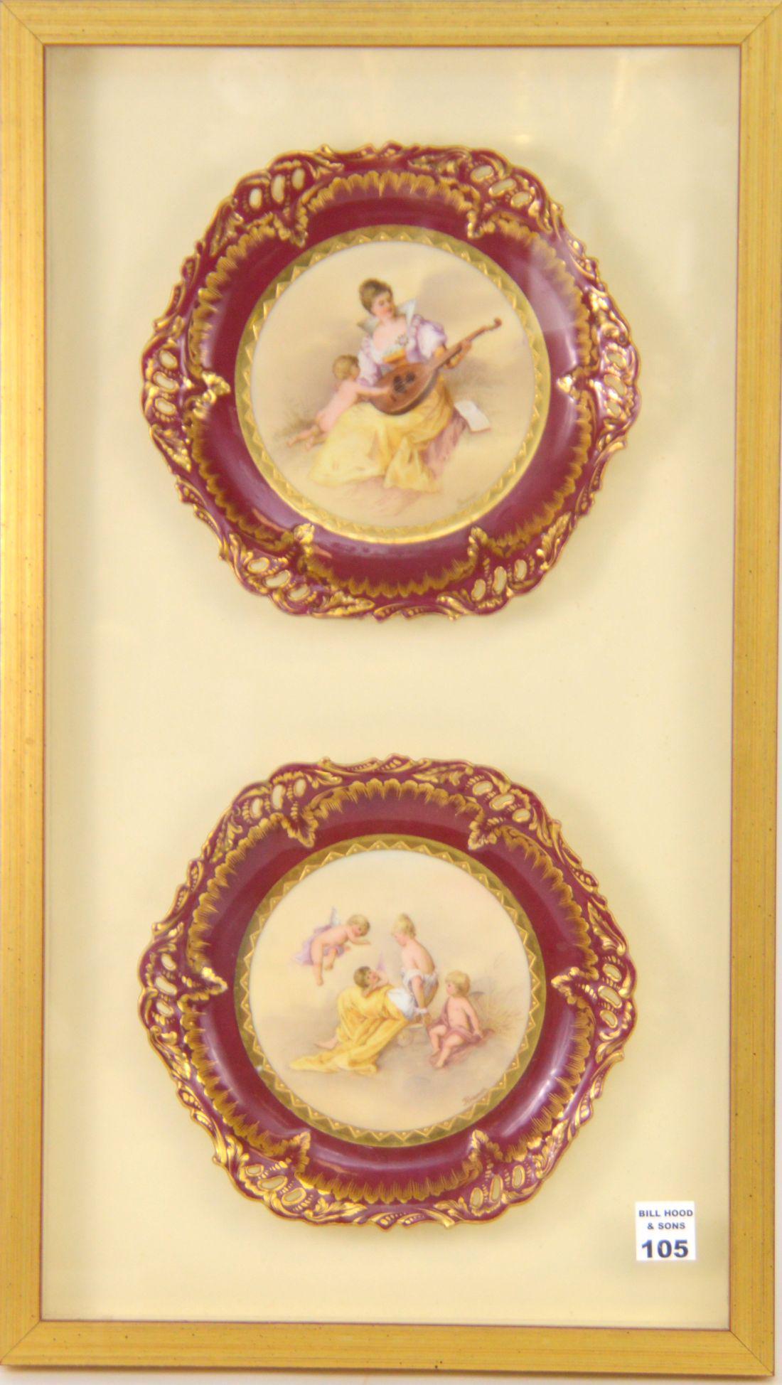 PAIR HANDPAINTED PORCELAIN CABINET PLATES in giltwood (1 of 6)