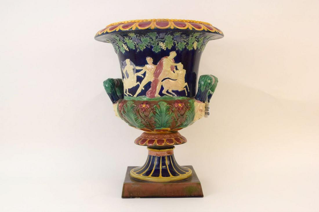 LARGE 19TH CENTURY MAJOLICA URN FORM VASE.  Condition: (1 of 6)