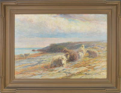 John Austin Sands Monks (American, 1850-1917) oil on: John Austin Sands Monks (American, 1850-1917) oil on canvas, Sheep on the shoreline, signed lower left J.A.S. Monks, canvas 18 x 26 inches