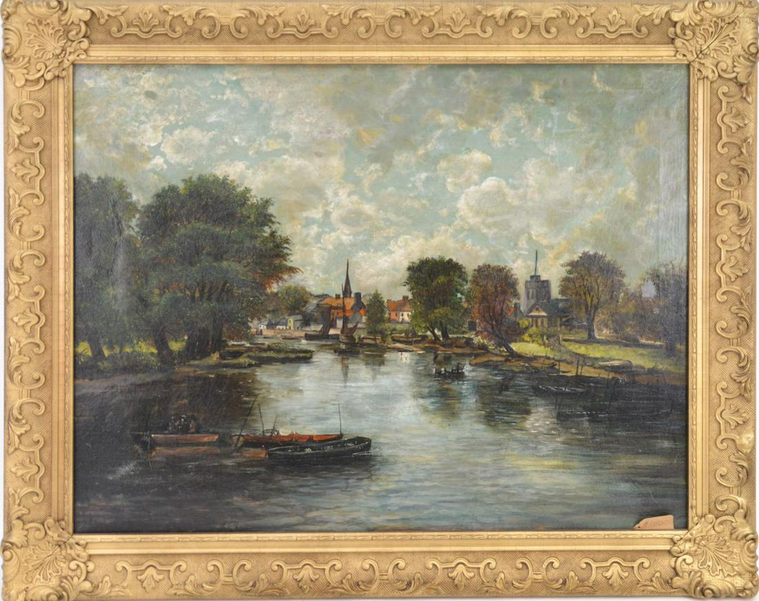 19th Century Manor of John Constable -BRITISH, River: 19th Century Manor of John Constable -BRITISH, River town scene, oil on canvas, 24 x 30 inches , couple patches to canvas.