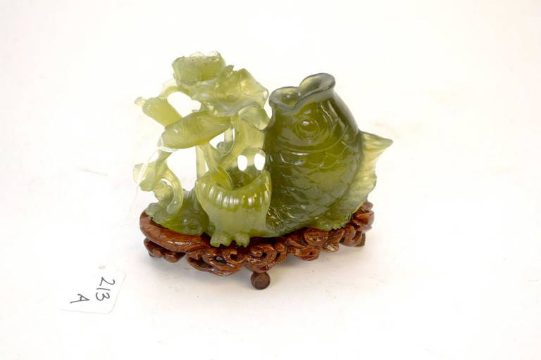 Chinese Spinach Jade Sculpture Of "koi" On Conforming
