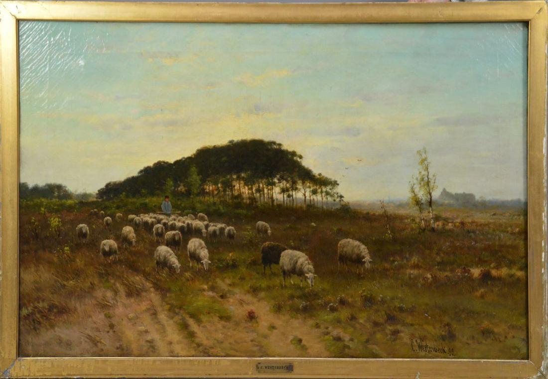 19th Century watercolor, Sheep in the Pasture, signed (1 of 8)