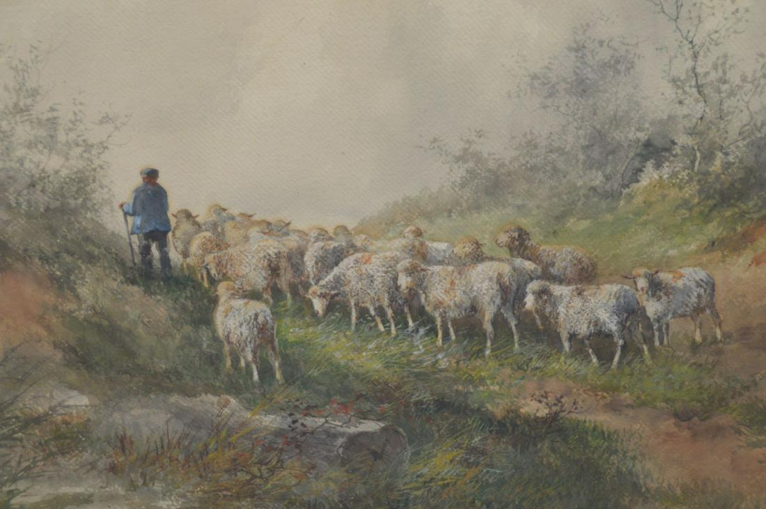 "Shepherd with sheep," watercolor, signed Hugo A. (1 of 5)