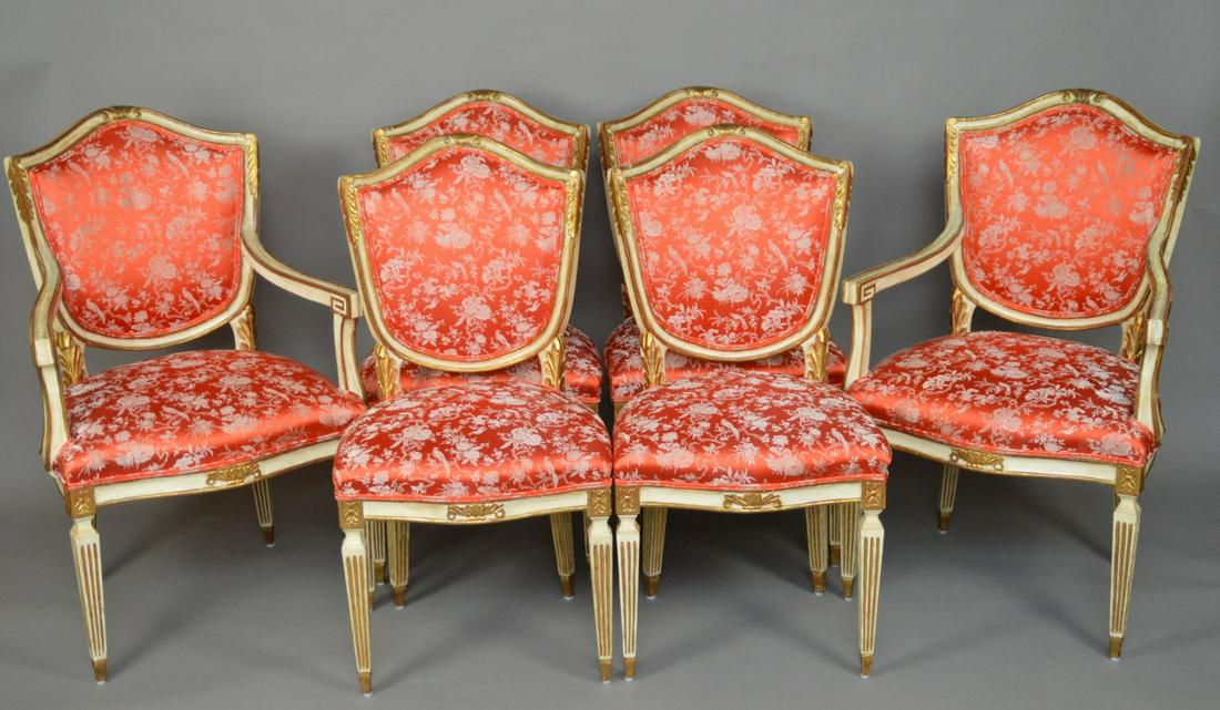 6 Italian Painted & Carved Chairs, all with red silk (1 of 5)