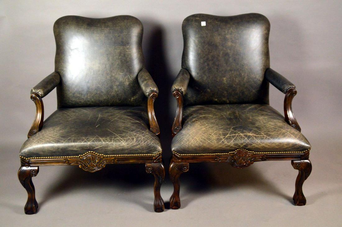 Pair Green Leather Library Chairs (1 of 5)