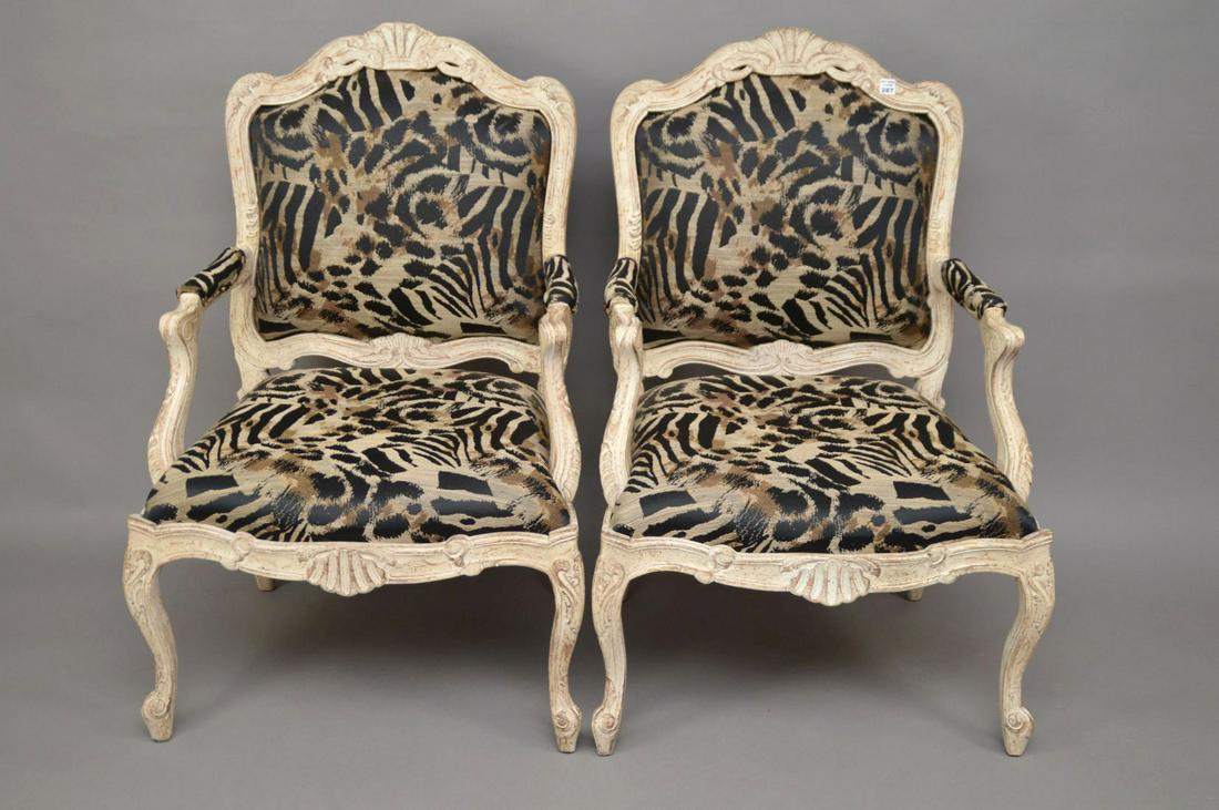Pair Painted White Carved Arm Chairs with black: Pair Painted White Carved Arm Chairs with black Abstract Upholstery