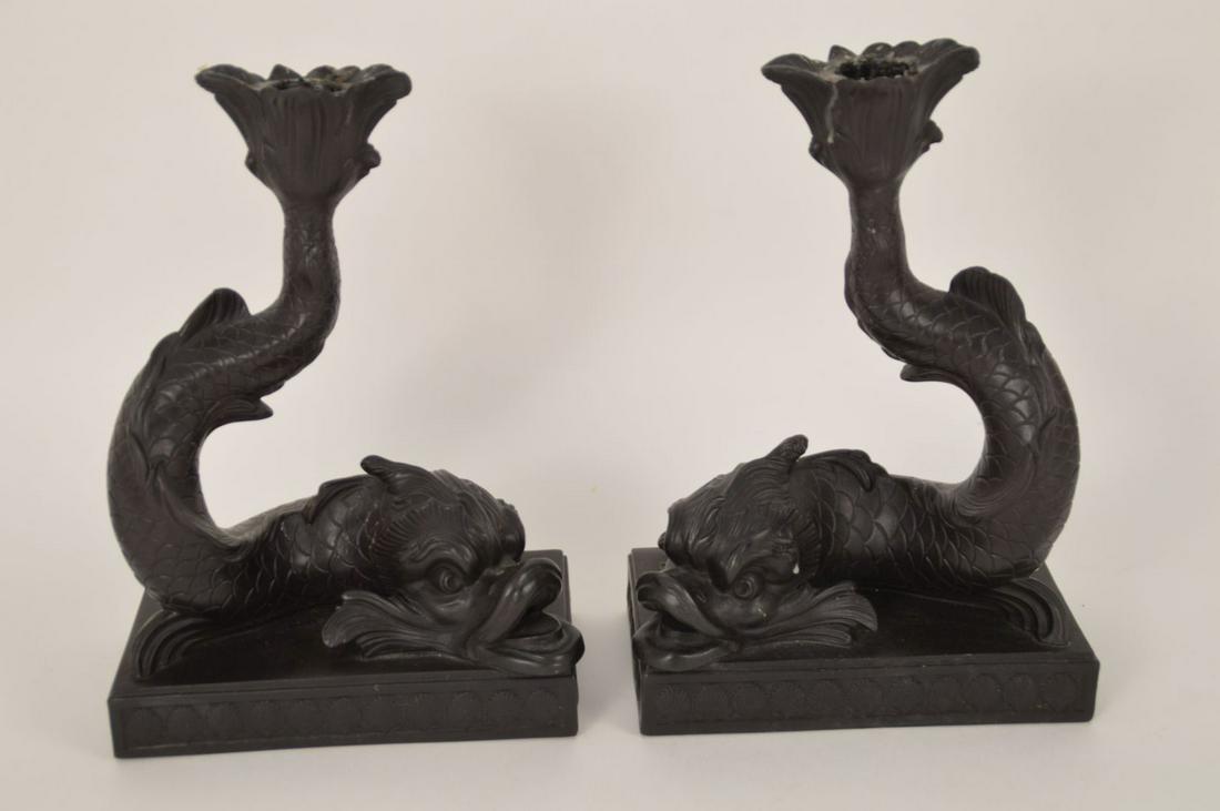 Pair of Wedgewood basalt dolphin candlesticks, 9 inches (1 of 11)