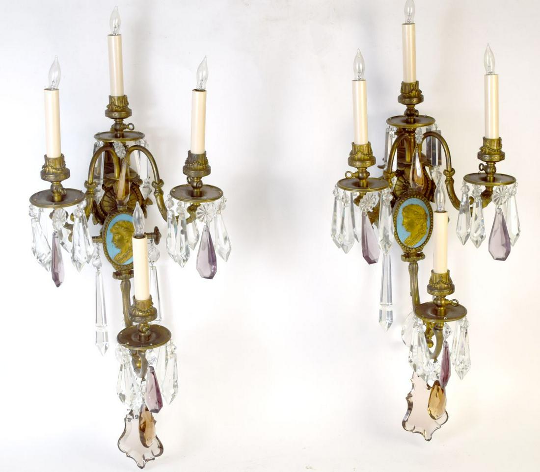 Pair French Bronze four light wall sconces with center (1 of 17)