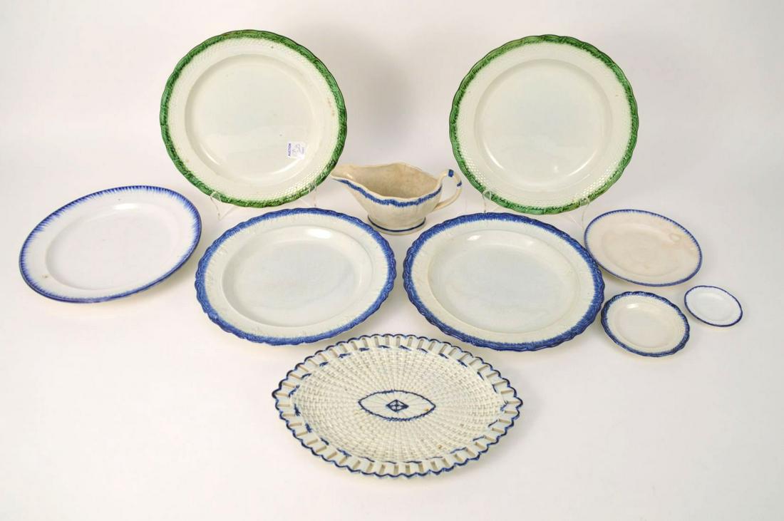 English Soft Paste, 19th c, 3 Blue Feather Rim Dinner (1 of 6)