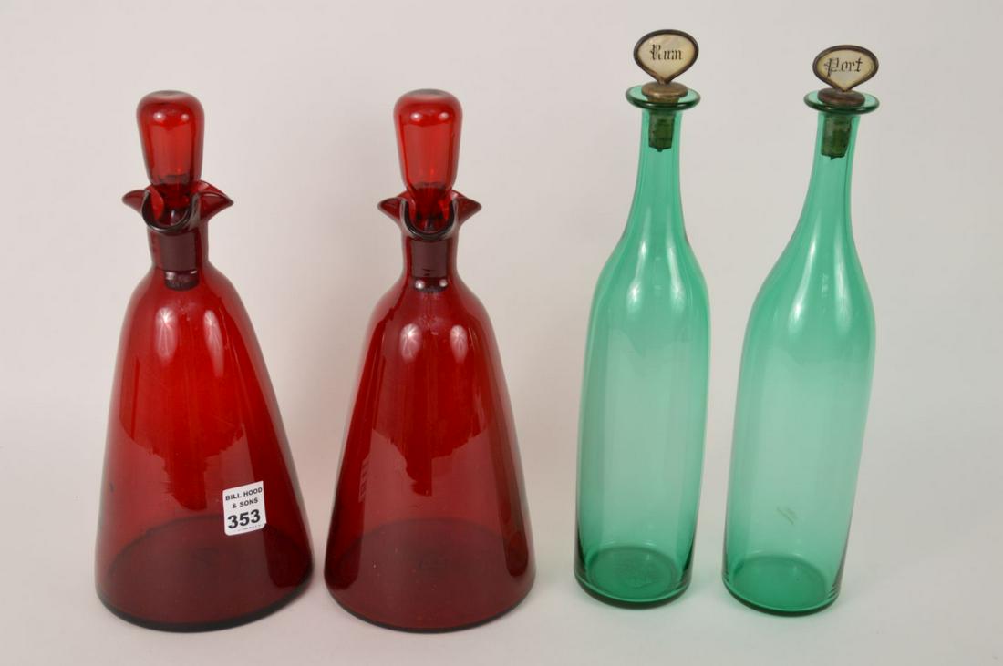 2 Pair Colored Glass Decanters, Handblown Red and Green (1 of 4)