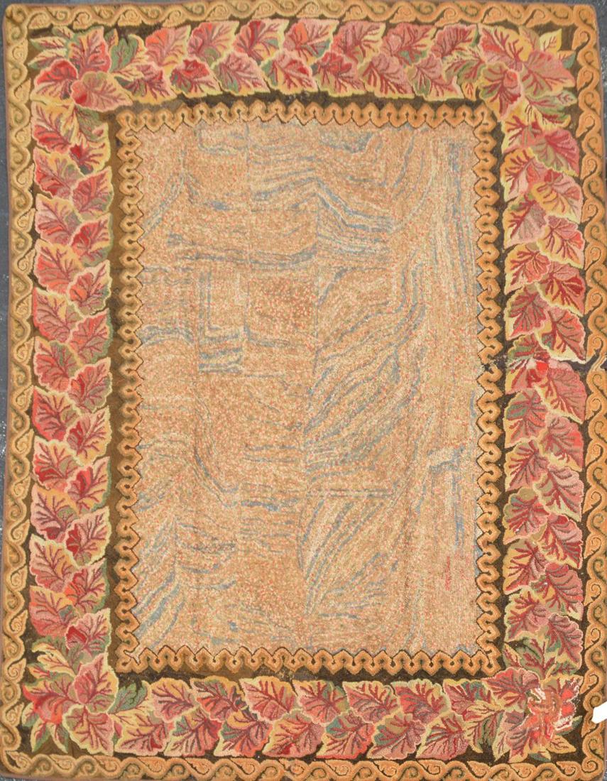 19th c. Handmade Hooked Rug, Striated Ground with Leaf (1 of 4)