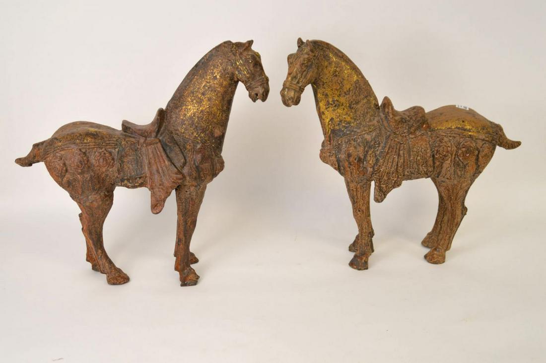 2 metal horses, browns and gold patina, 18 1/2 H x 20 L: 2 metal horses, browns and gold patina, 18 1/2 H x 20 L x 5 1/2 D inches