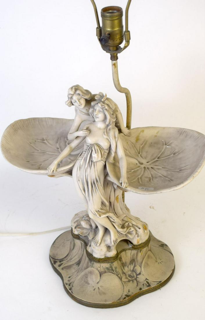 Royal Dux Art Nouveau Porc. Lamp (2 fingers missing and: Royal Dux Art Nouveau Porc. Lamp (2 fingers missing and mini chip on front bowl