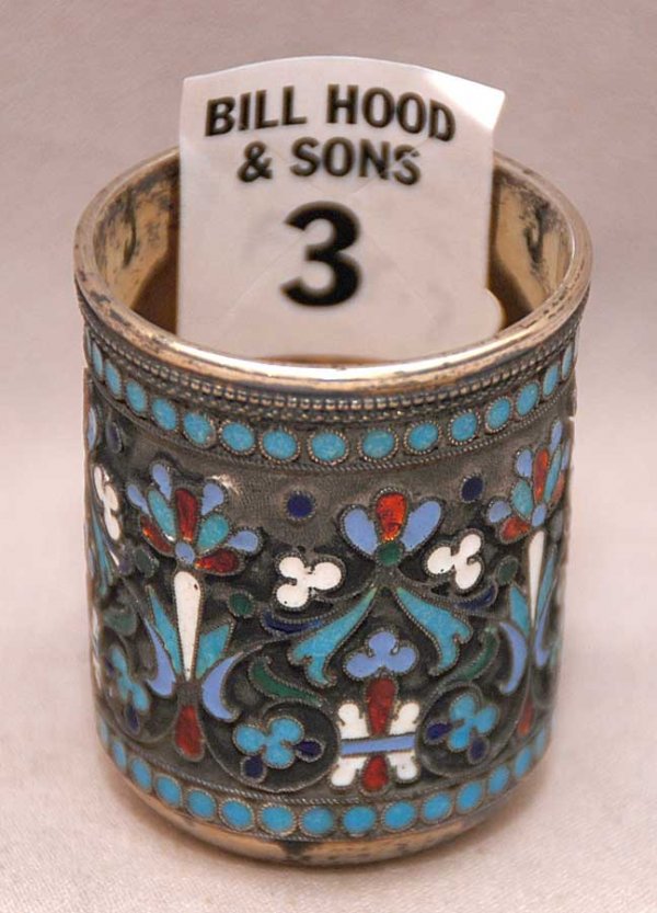 Russian silver gilt & enamel beaker, Moscow, dated 1: Russian silver gilt & enamel beaker, Moscow, dated 1896 (.84 Standard) Assayer's initial in Cyrillic A.A. Maker's mark also in Cyrillic N.A. Decorated with foliage, Height 1 3/4 ". (48 grams)