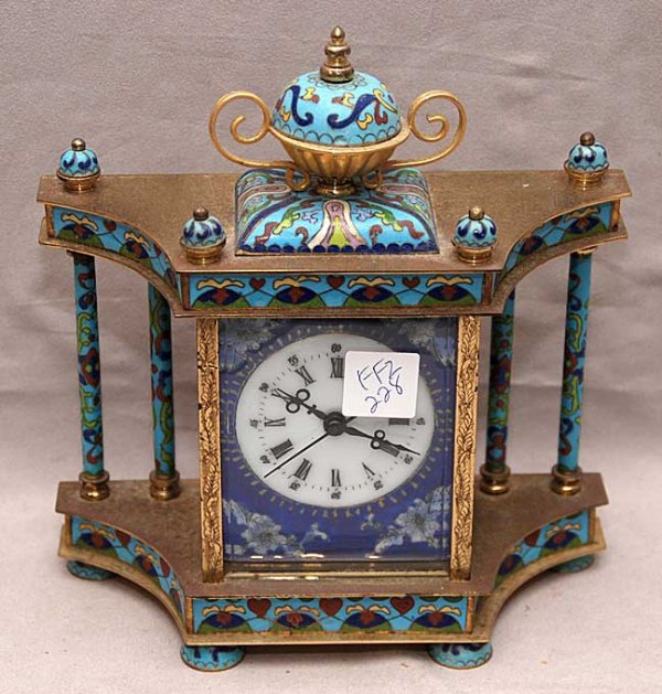 Cloisonné footed shelf clock, 2 ladies to either s: Cloisonné footed shelf clock, 2 ladies to either side
