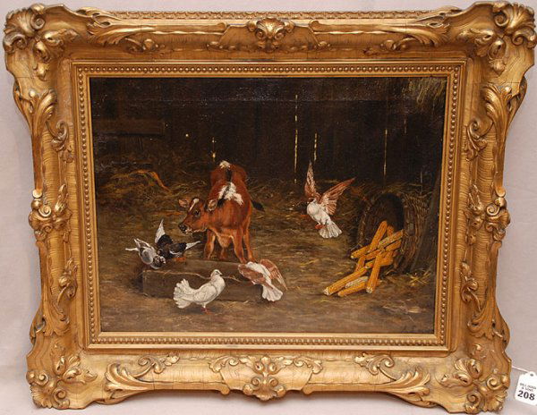 August Laux (AMERICAN, 1847-1921) "Animals in the: August Laux (AMERICAN, 1847-1921) "Animals in the Barn" Oil on Canvas 14" x 17"