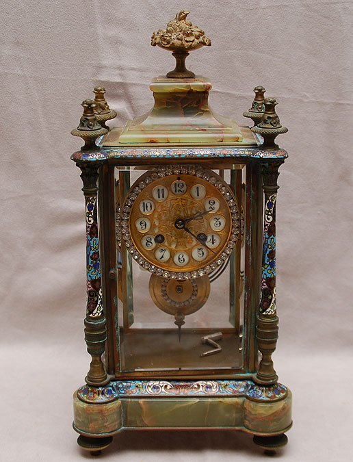 Antique French clock, Champleve and bronze, onyx to: Antique French clock, Champleve and bronze, onyx top and bottom, jeweled face and pendulum, crystal regulator type, 15"h x 8"L