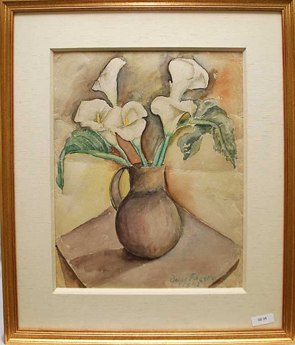 Diego Maria Rivera, 1886-1957, Mexico, watercolor,: Diego Maria Rivera, 1886-1957, Mexico, watercolor, Floreno con Altraces (lillies) 14 1/2" x 17 1/2"