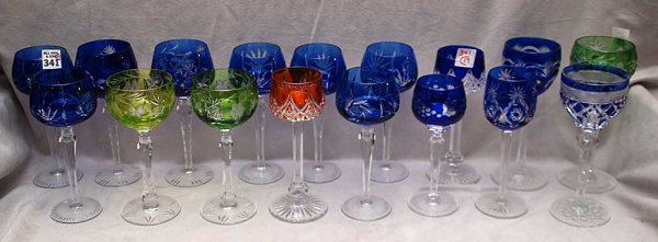 17 multi-colored stem glasses, tallest 8", shortes: 17 multi-colored stem glasses, tallest 8", shortest 7 1/8"