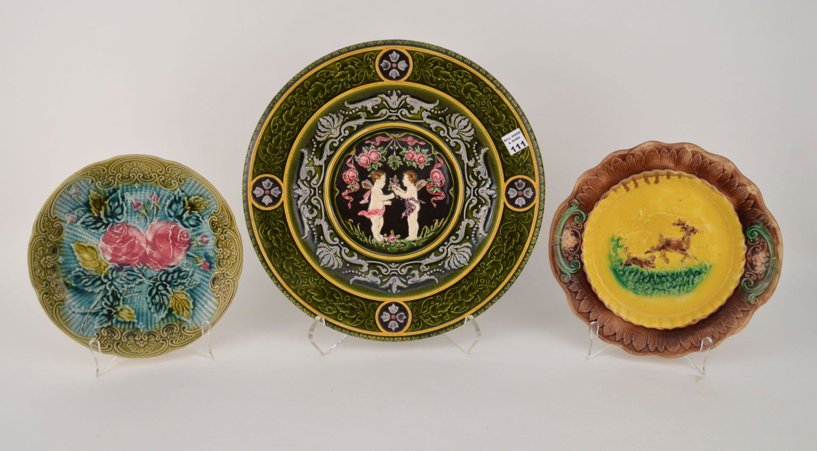 3 Majolica Plates, One Charger 15"w (1 of 8)