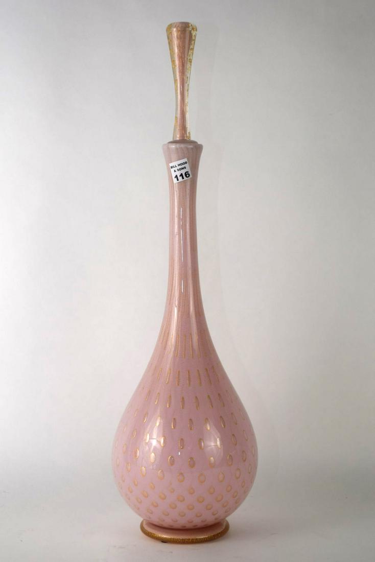 Murano Oversized Decanter, Pink with Gold Accents,: Murano Oversized Decanter, Pink with Gold Accents, Possibly Barovier or Tasso, 26"h