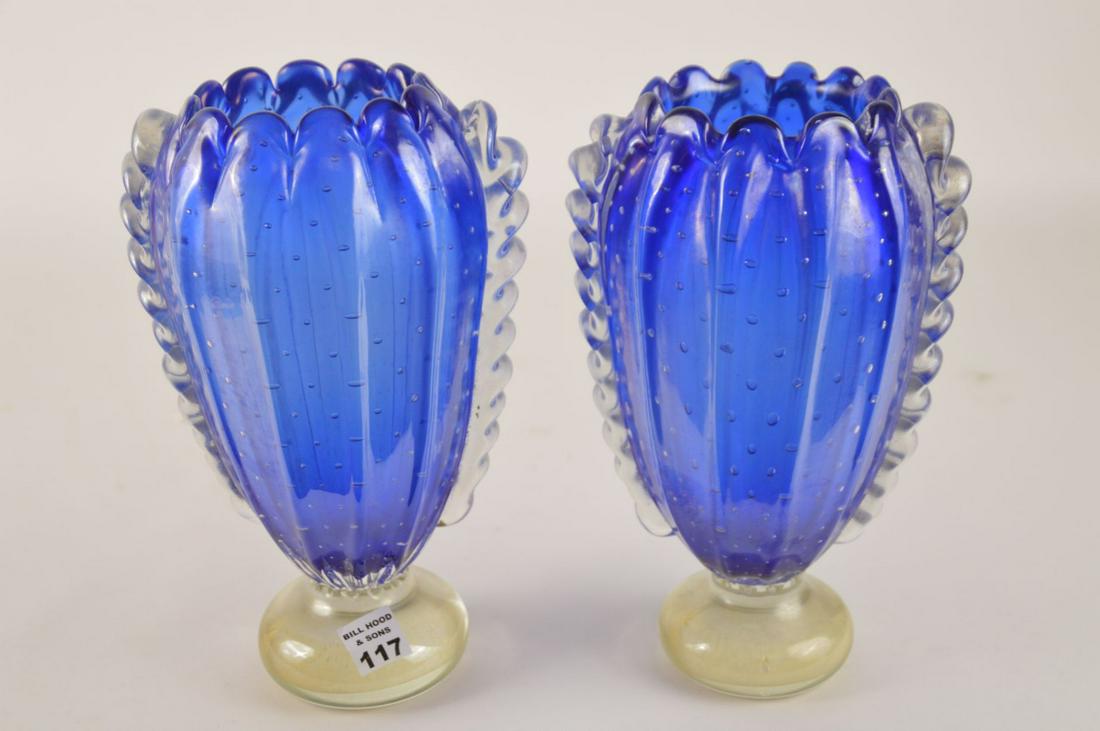 Pair Blue Murano Vases, scalloped rim on glass with (1 of 5)