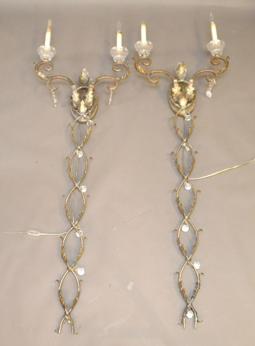 Pair Silvered Vine/Scrolling Elongated Double Branch: Pair Silvered Vine/Scrolling Elongated Double Branch Wall Sconces, 62"h x 19"w