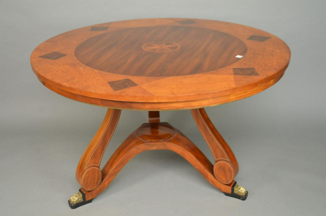 Mahogany Burl Inlay Dining Table with Inlay Star in: Mahogany Burl Inlay Dining Table with Inlay Star in Center on Trifed Base, 50"d