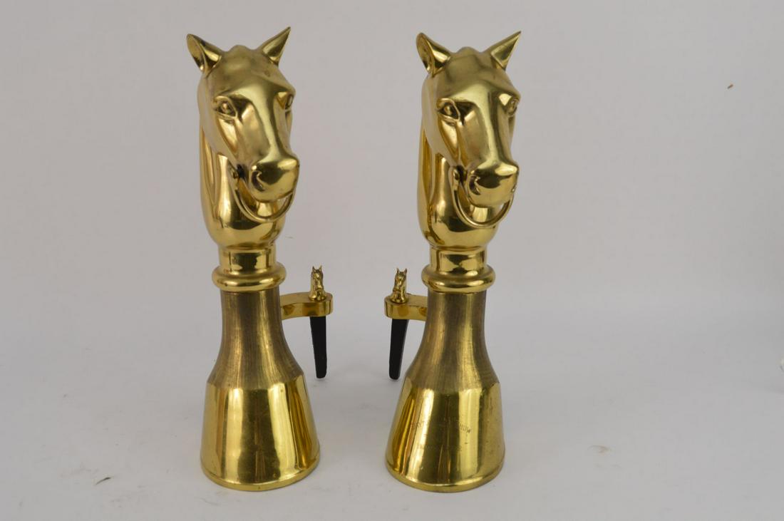 Pair Brass Horse Head Andirons, inscribed Dayton Horse (1 of 4)