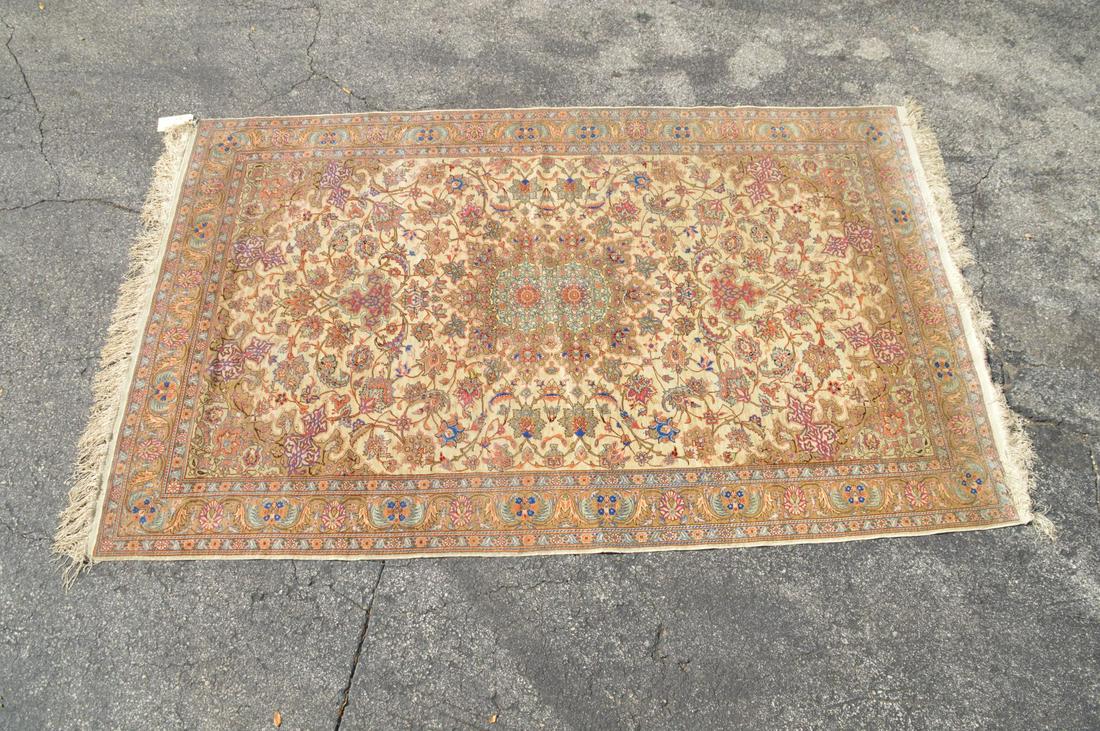 Silk Oriental Rug, tan with pops of purple/pink/blue, 5 (1 of 3)