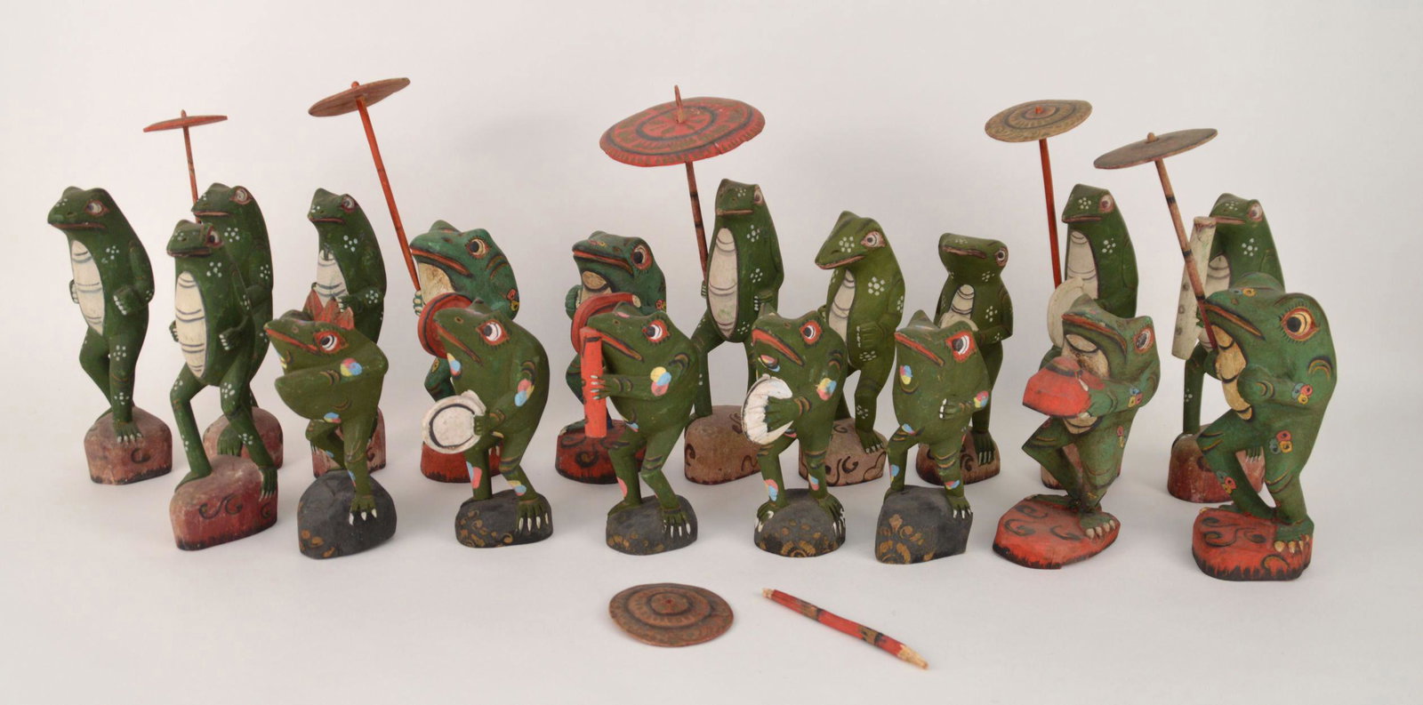 Collection of Carved Frogs, Some Playing Musical: Collection of Carved Frogs With Hand Painted Designs, Some Playing Musical Instruments, Estate of Tony Duquette, California, One of the Iconic Designer's Favorite Gifts Was Frogs, 8-10" h average
