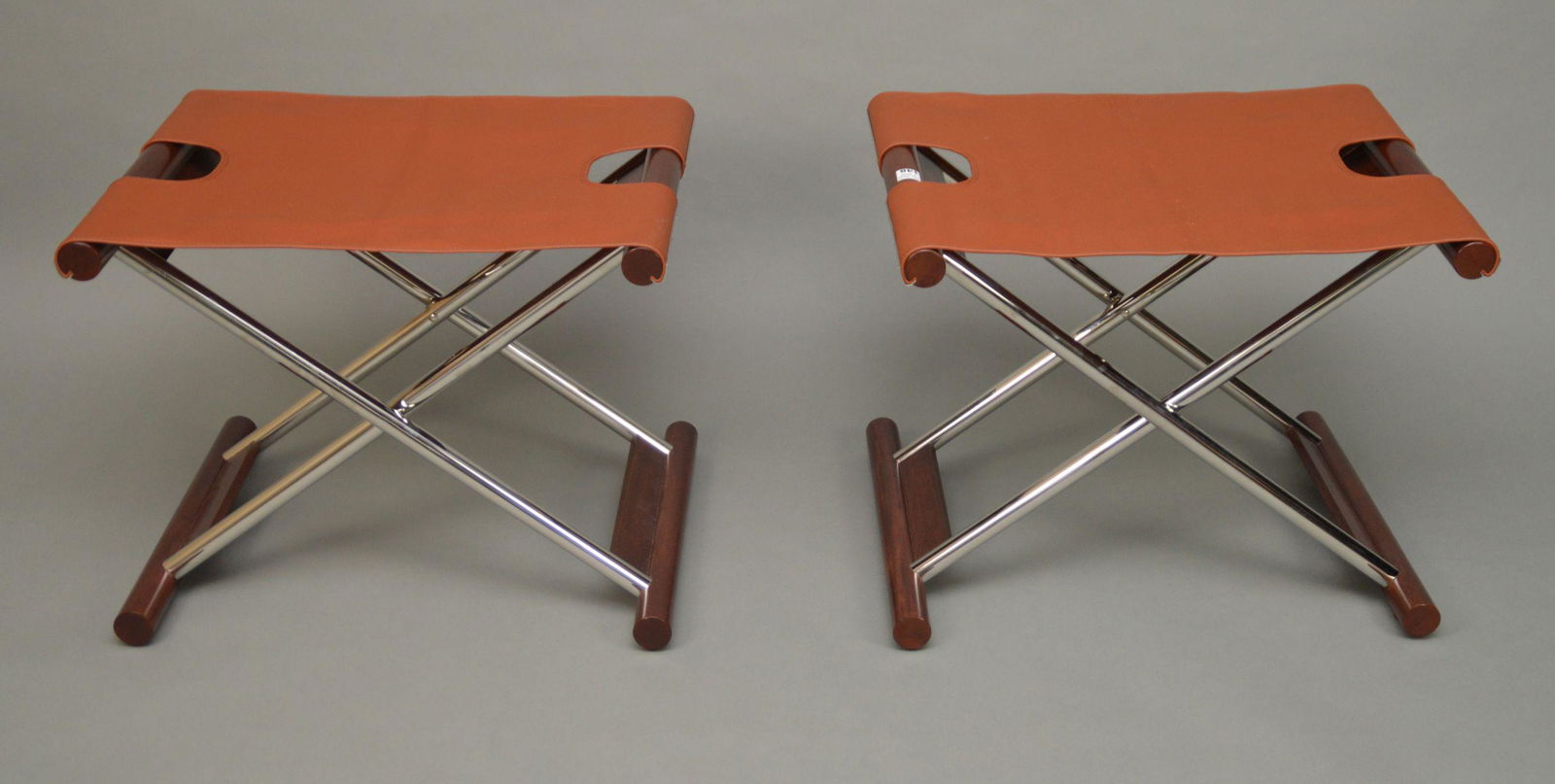 PAIR FRENCH MODERN CAMPAIGN STOOLS LEATHER CHROME AND (1 of 4)