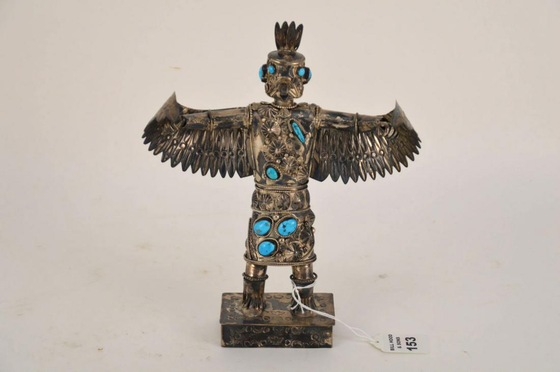 STERLING & TURQUOISE HOPI KWAHU EAGLE KACHINA FIGURE - (1 of 7)