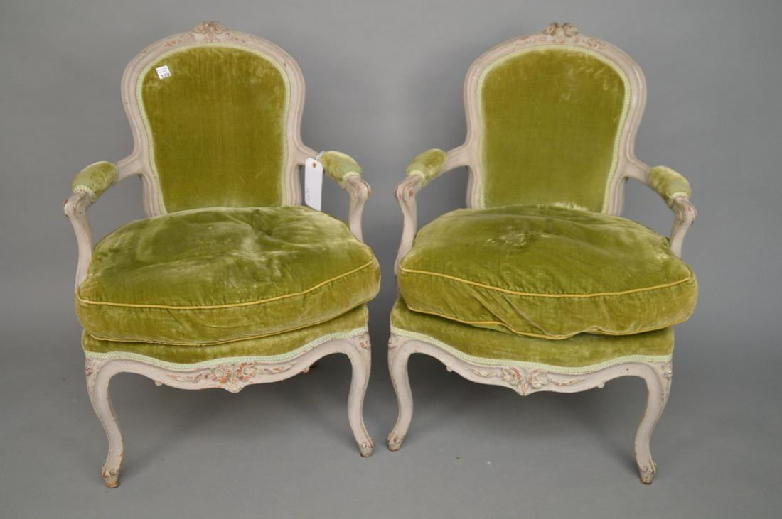 Pair French Fauteuils Early 19th c. Painted with Green (1 of 4)