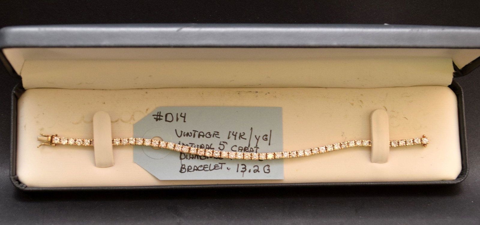 Vintage 14kt Yellow Gold 5 Carat Natural Diamond Tennis: Vintage 14kt Yellow Gold 5 Carat Natural Diamond Tennis Bracelet, Marked Italy, 50 (.10) Carat Diamonds, H Color, VS-Sll Clarity, Gram Weight 13.2
