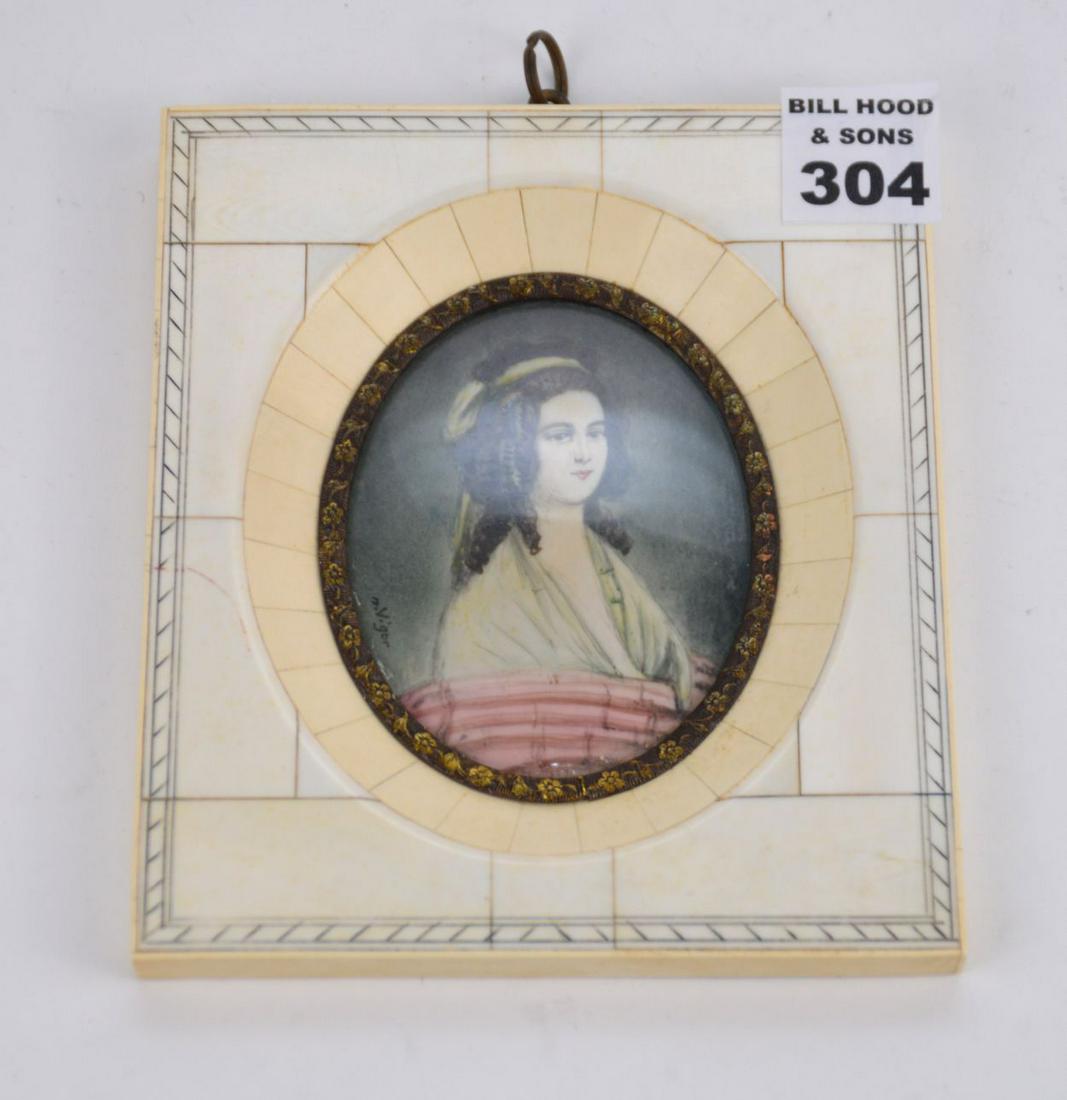 Antique miniature portrait by N. Vigor, oval portrait -: Antique miniature portrait by N. Vigor, oval portrait - bone frame, 5 x 5 1/2 inches