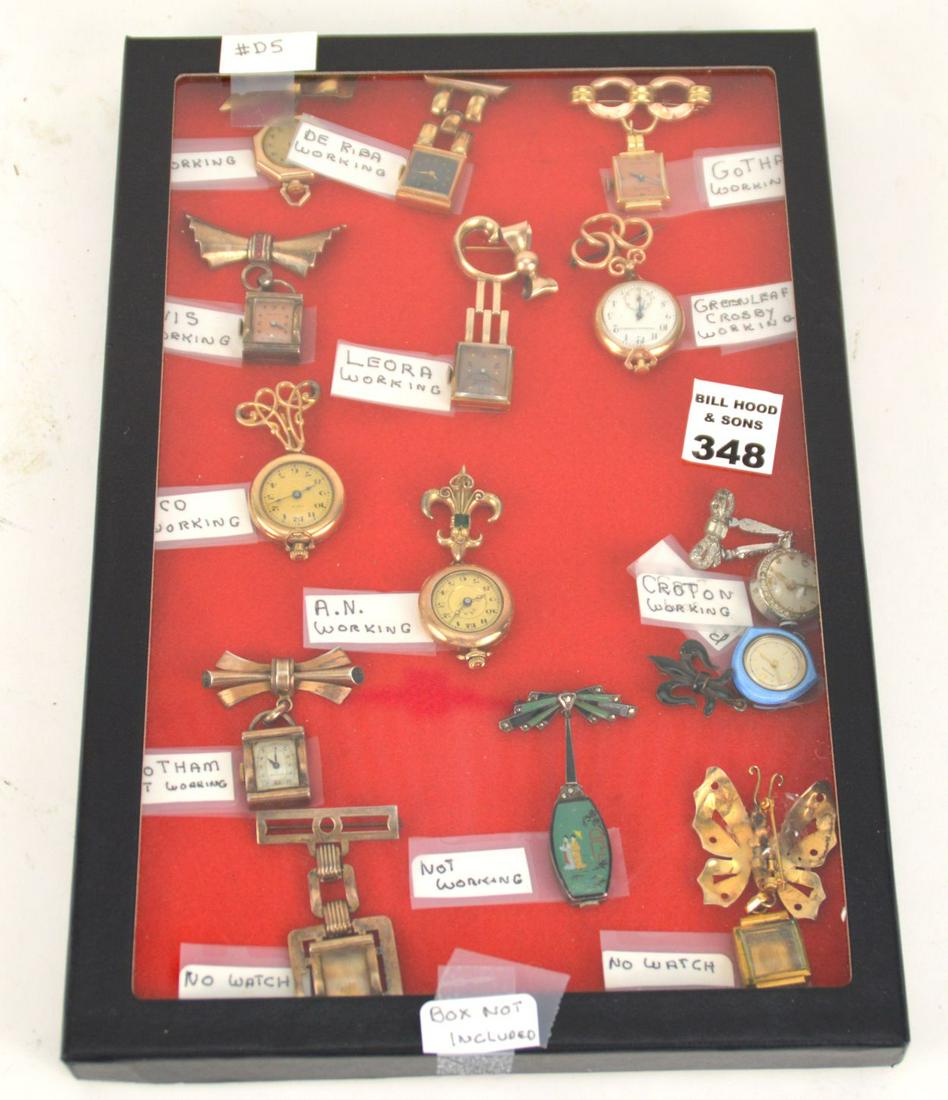 14 Vintage Lapel Watches, De Riba, Gotham, Ovis, Leora,: 14 Vintage Lapel Watches, De Riba, Gotham, Ovis, Leora, Bucherer, Croton, A.N., Cico, Green Leaf Crosby, Enamel, Gold Filled, Sterling Vermeil, (10 working, 4 not working)(Box not included)