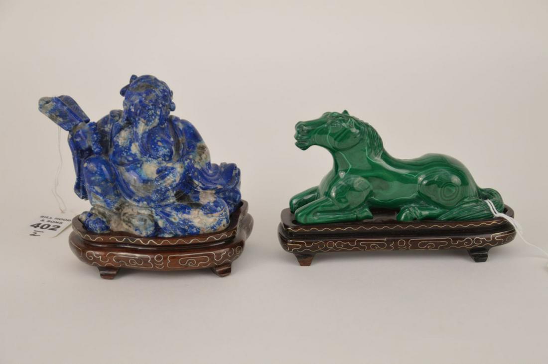 CARVED LAPIS LAZULI FAT HOTEI BUDDHA FIGURE together: CARVED LAPIS LAZULI FAT HOTEI BUDDHA FIGURE together with a carved malachite figure of a horse at rest- Buddha figure depicts a happy bearded man in flowing robes open at chest and holding a fan in hi
