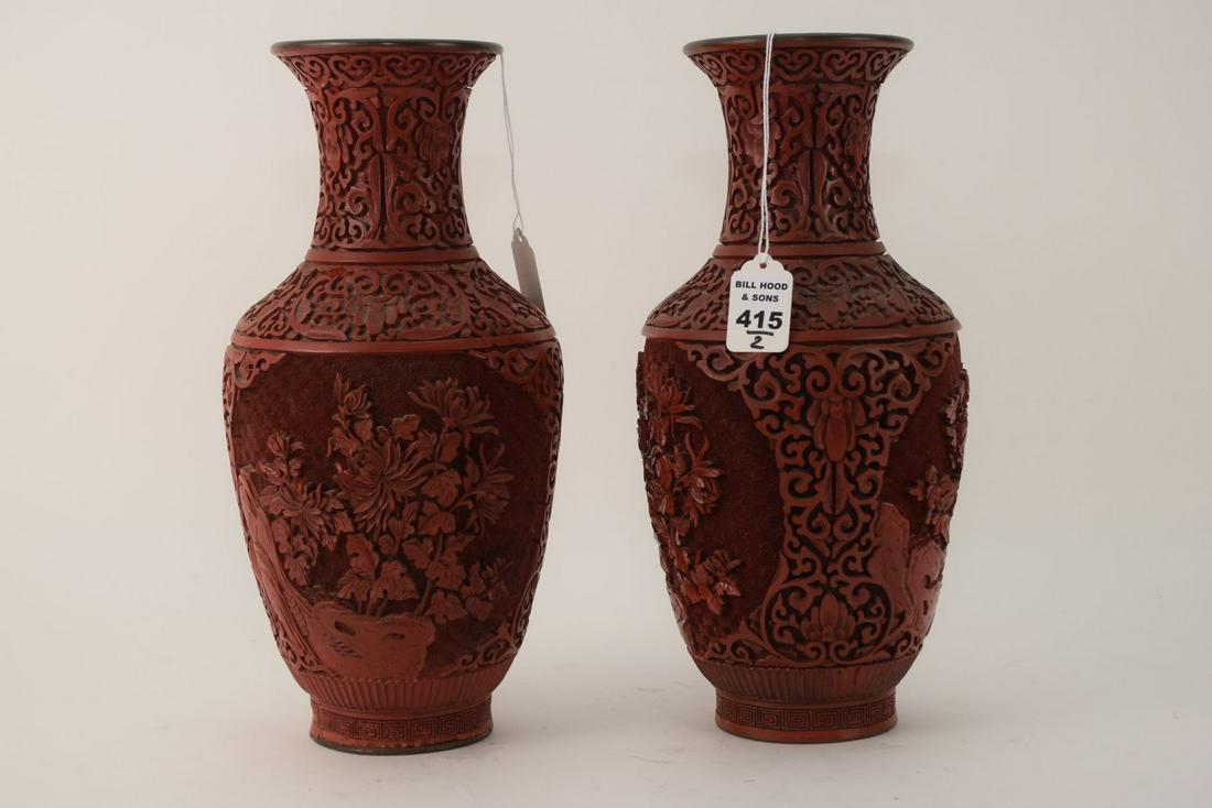 PAIR OF CHINESE CINNABAR VASES - Featuring flowers & (1 of 7)